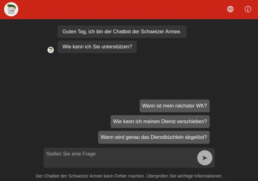 The Swiss Army public assistant: a chat interface under a red header answering a question, kept current from official sources