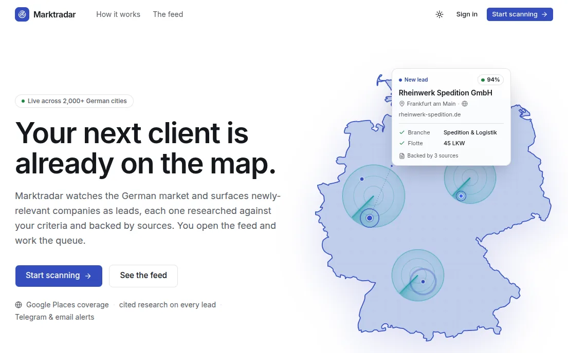The Marktradar lead-generation platform: a map of Germany surfacing researched company leads, with a sample qualified-lead card
