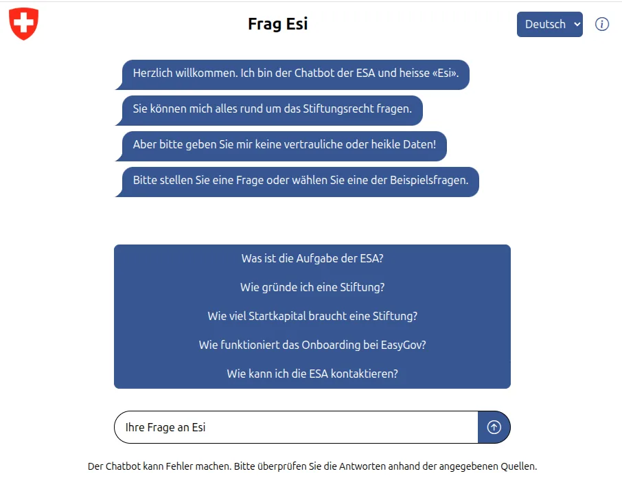 “Frag Esi”: the ESA foundation-supervision assistant answering questions about Swiss foundation law in a chat interface
