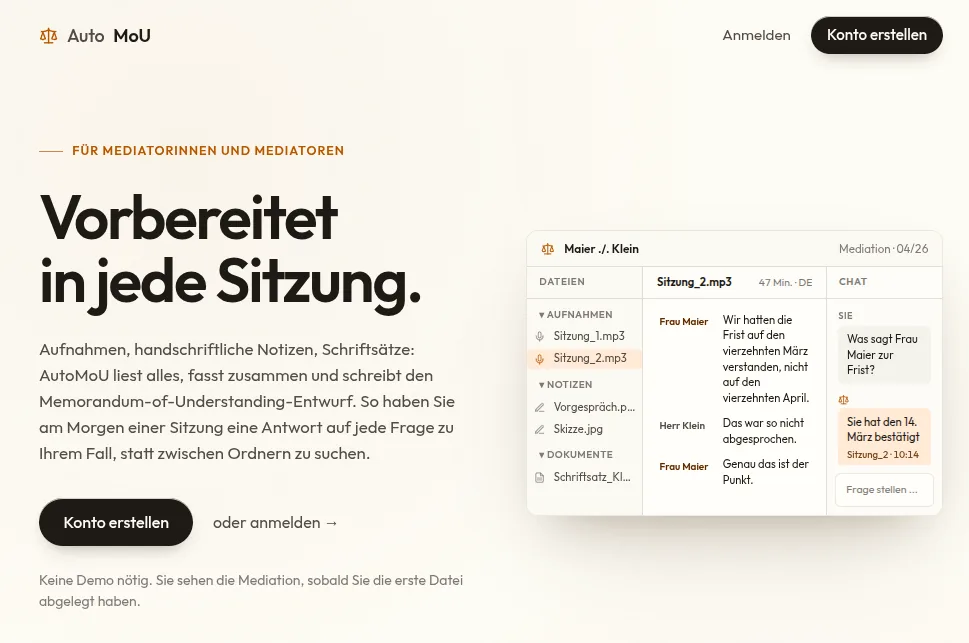The AutoMoU mediation workspace: it prepares each mediation session and drafts the memorandum of understanding in three steps
