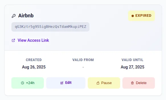The link-sharing UI: a time-boxed access key for a smart lock, with validity dates and pause, edit, extend, and delete controls