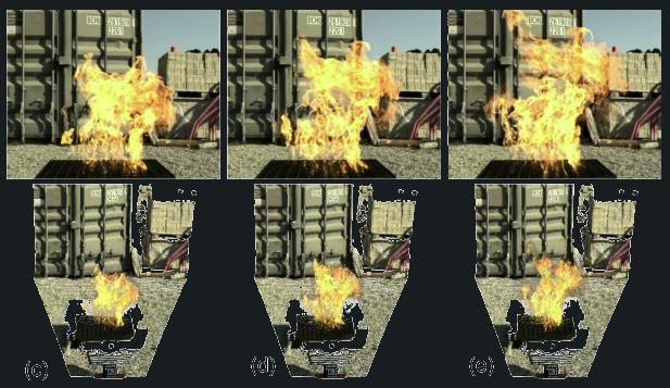 High-frequency Gaussian reconstruction of flames rising over an industrial scene, top row photoreal, bottom row reconstructed views